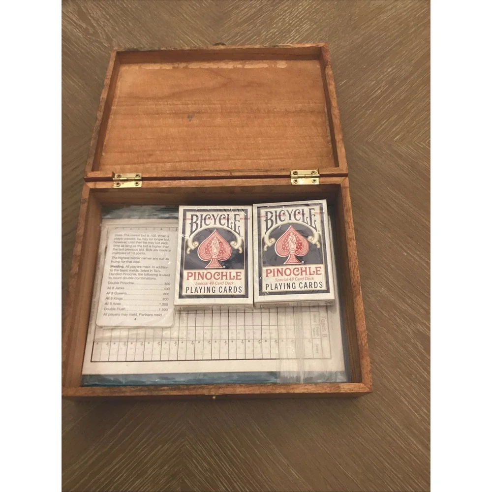 Vintage Handmade Wooden Pinochle Storage Box With Playing Cards And Score Pads